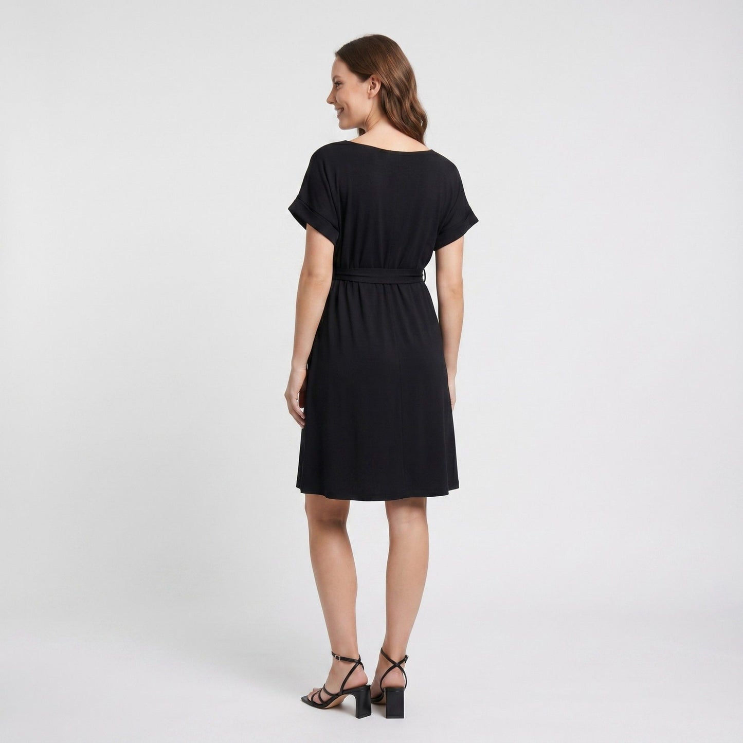 Maternity Short Sleeve Dress with Tie Waist and Relaxed A-Line Fit