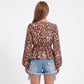 Leopard Print Peplum Blouse V Neck Long Sleeve Casual Top