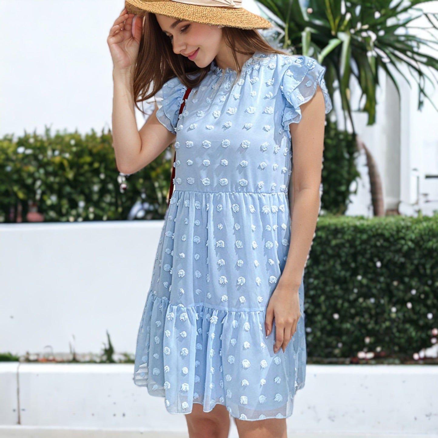 Swiss Dot High Neck Short Sleeve Dress