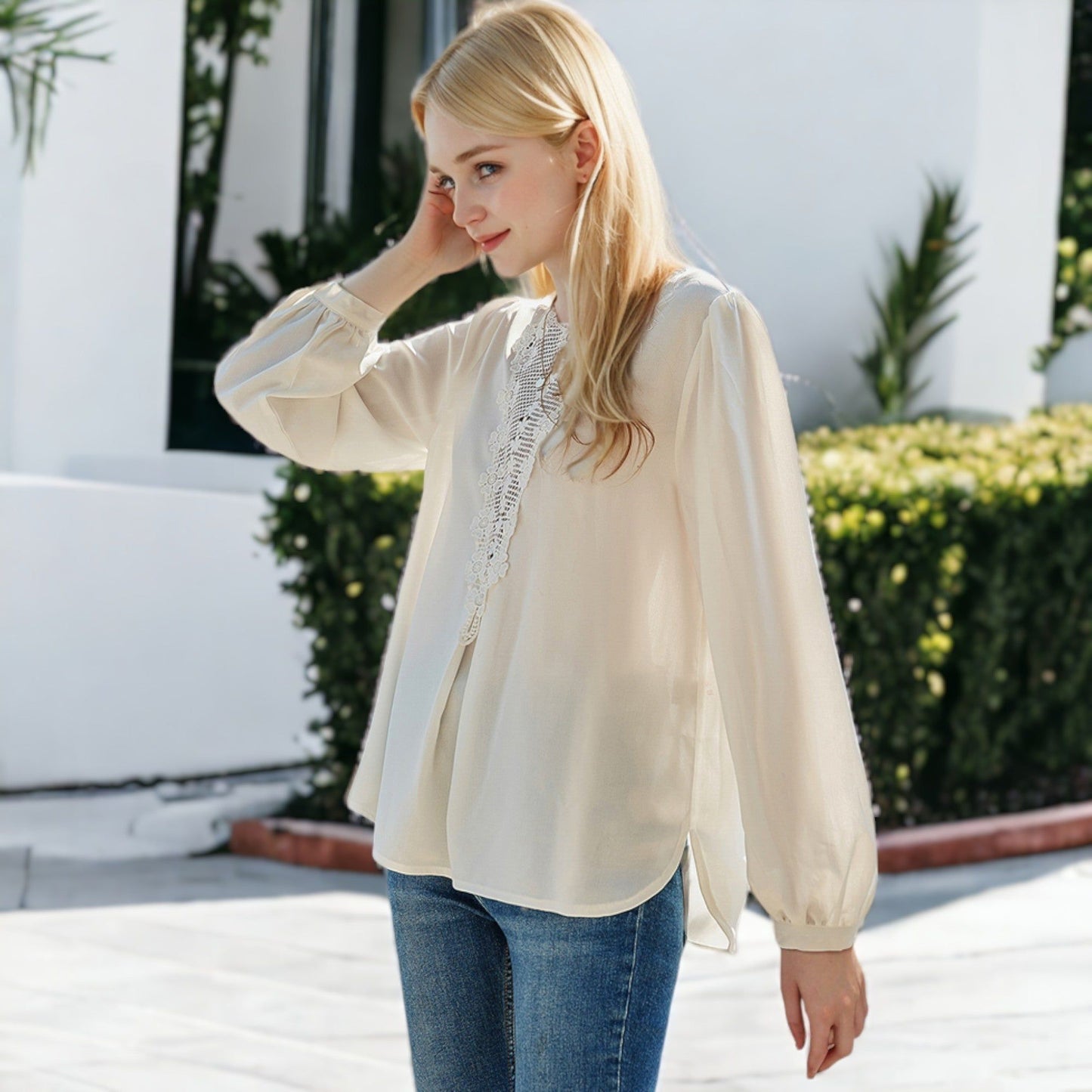 V-Neck Lace Drop Long Sleeve Bishop Blouse