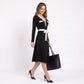 Black Contrast Trim V Neck Long Sleeve Belted Midi Dress