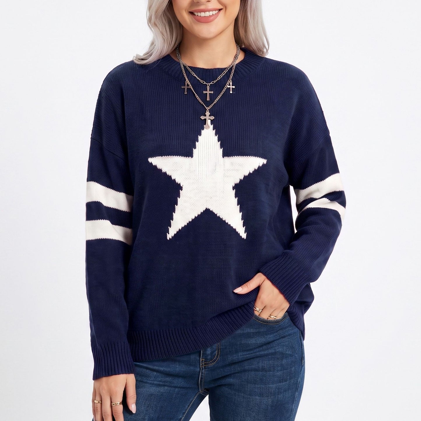 Star Graphic Striped Sleeve Crewneck Knit Sweater