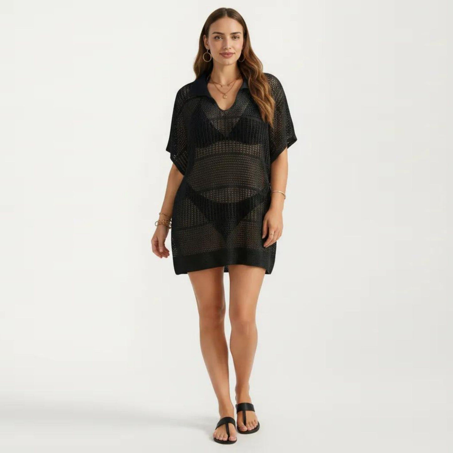 Mesh Swim Cover Up Dress with Open Knit Design Collared Neckline Short Sleeves Relaxed Fit