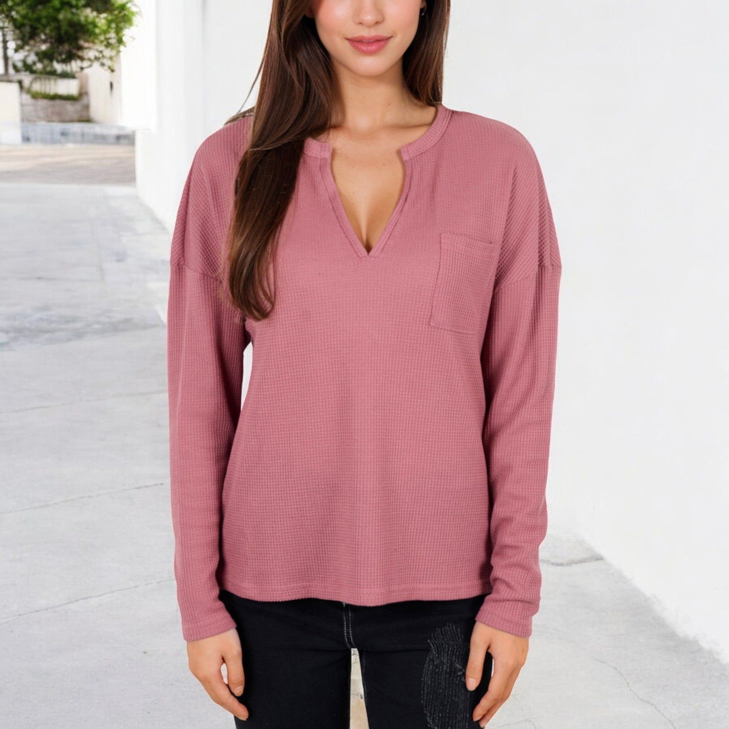 Long Sleeve Waffle Knit Top Notched Neckline Chest Pocket