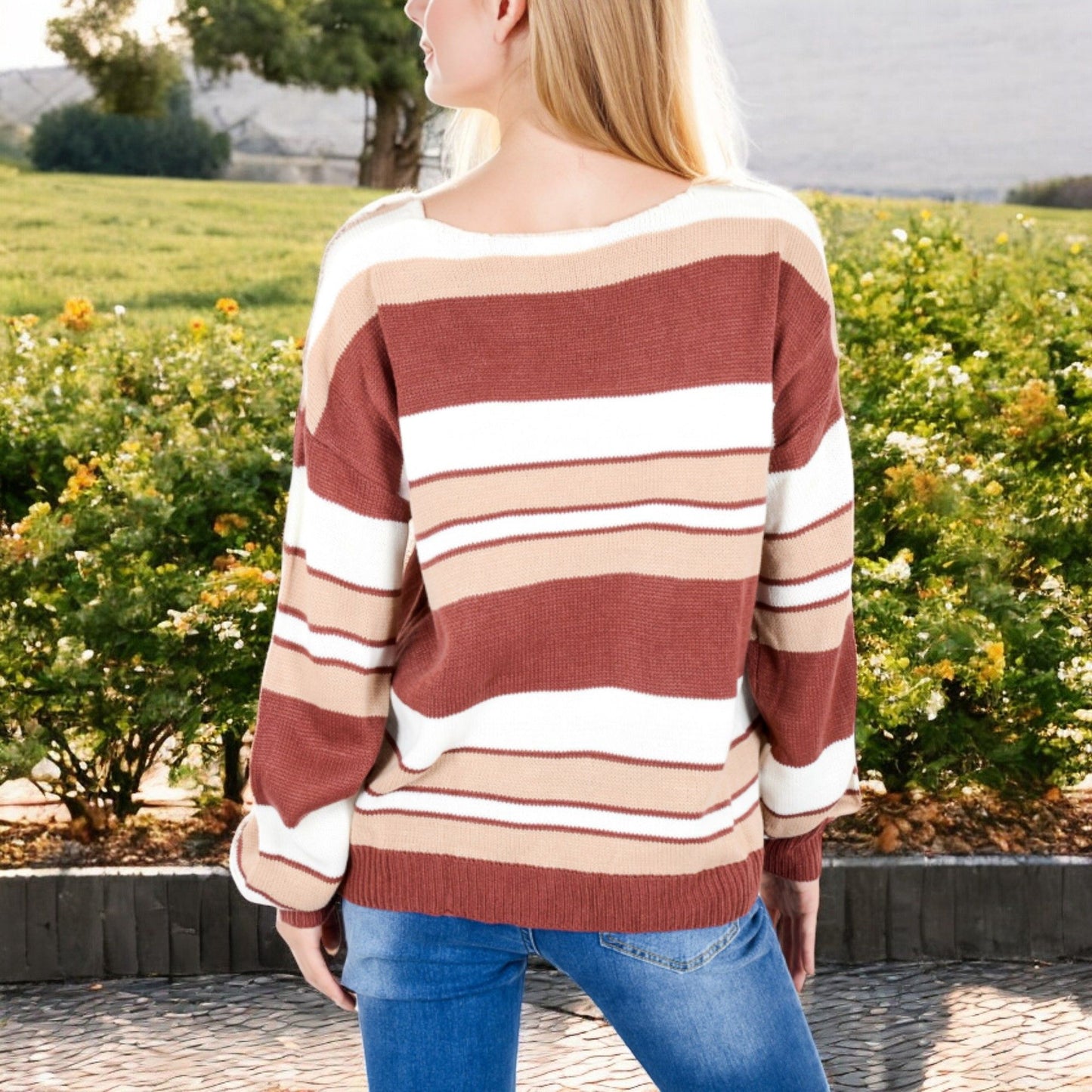 Striped V-Neck Relaxed Knit Sweater