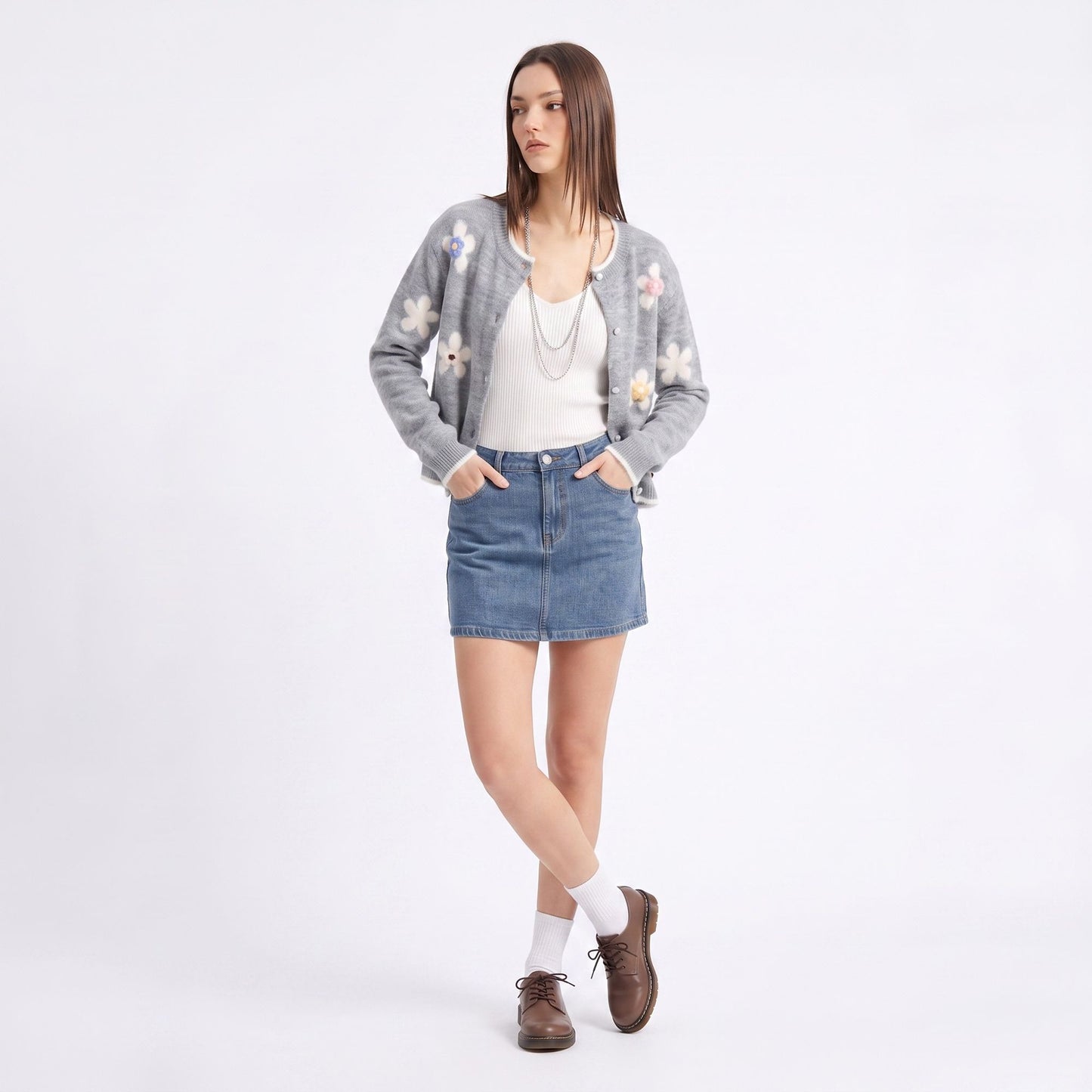 3D Floral Pearl Button Fuzzy Knit Cardigan Sweater