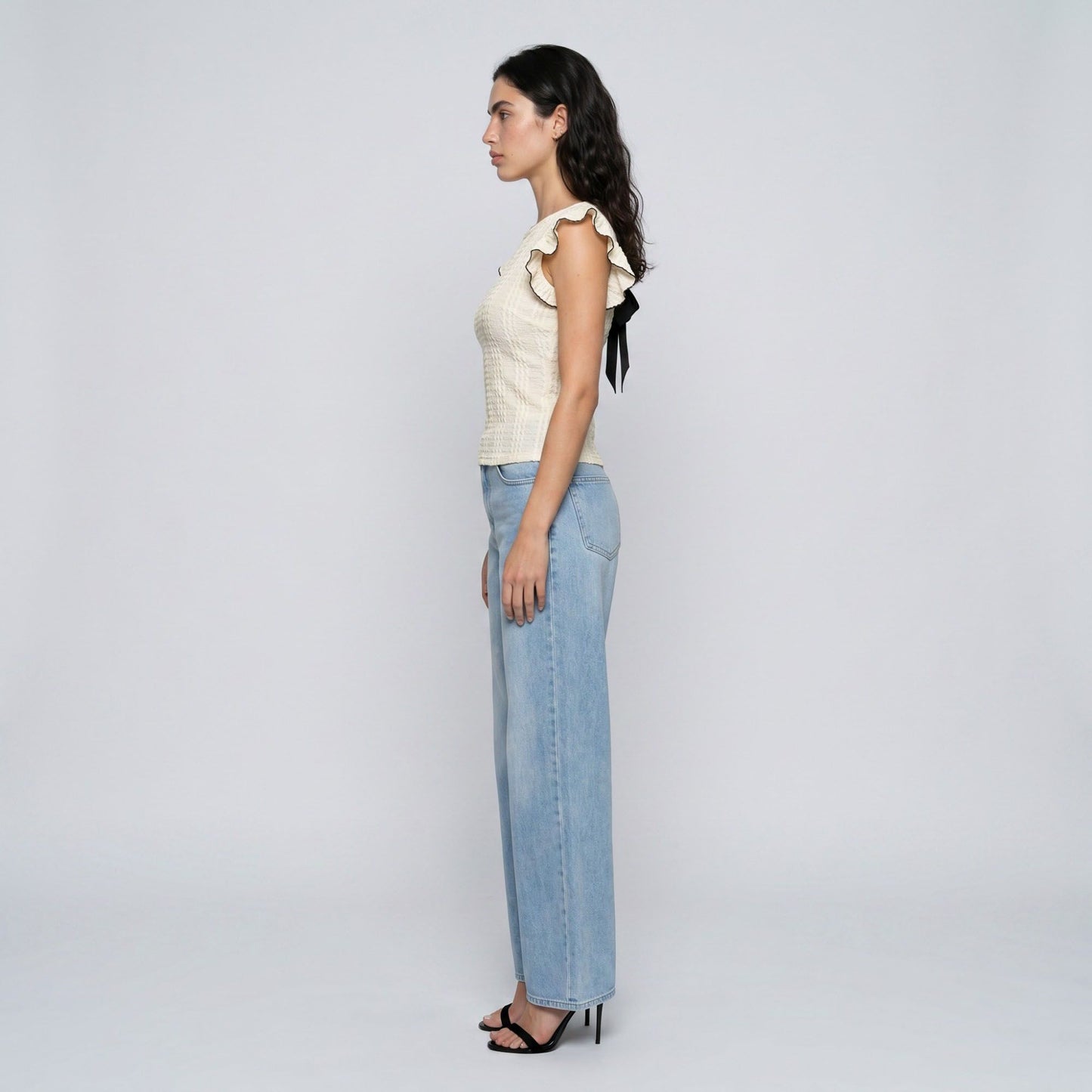 Textured Flutter Sleeve Crewneck Top with Open Back Black Bow Tie