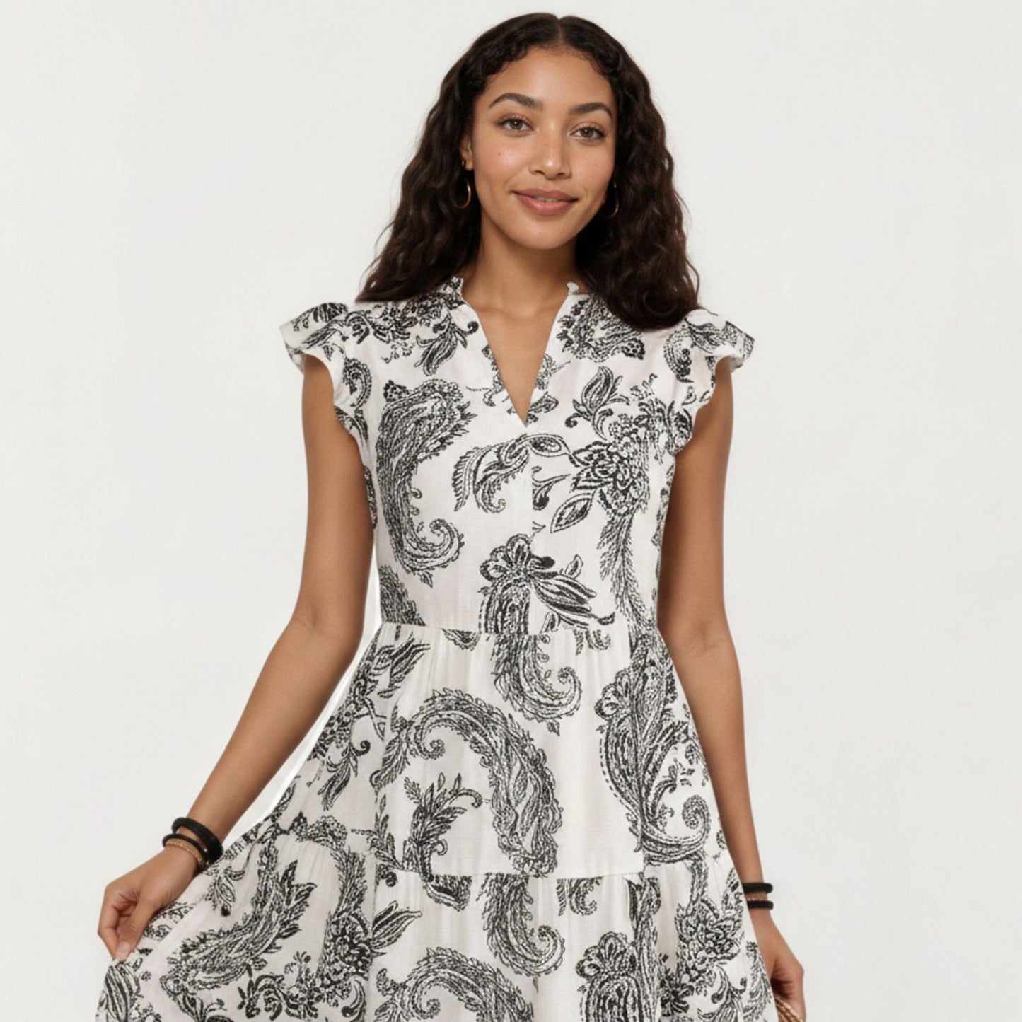 Paisley Print Flutter Sleeve Tiered Maxi Dress