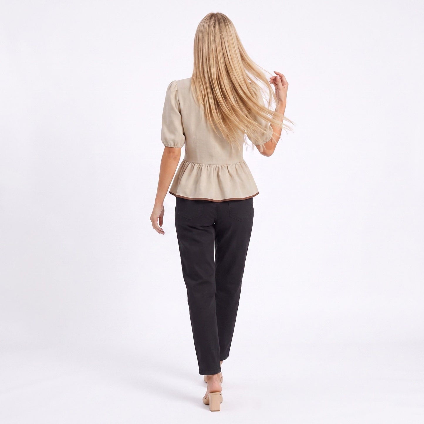 Peplum Blouse Puff Short Sleeve Contrast Trim Woven Top