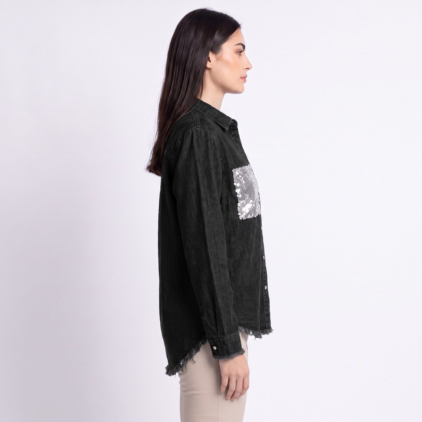 Sequin Denim Shirt Jacket Button Front Long Sleeve Frayed Hem Shacket