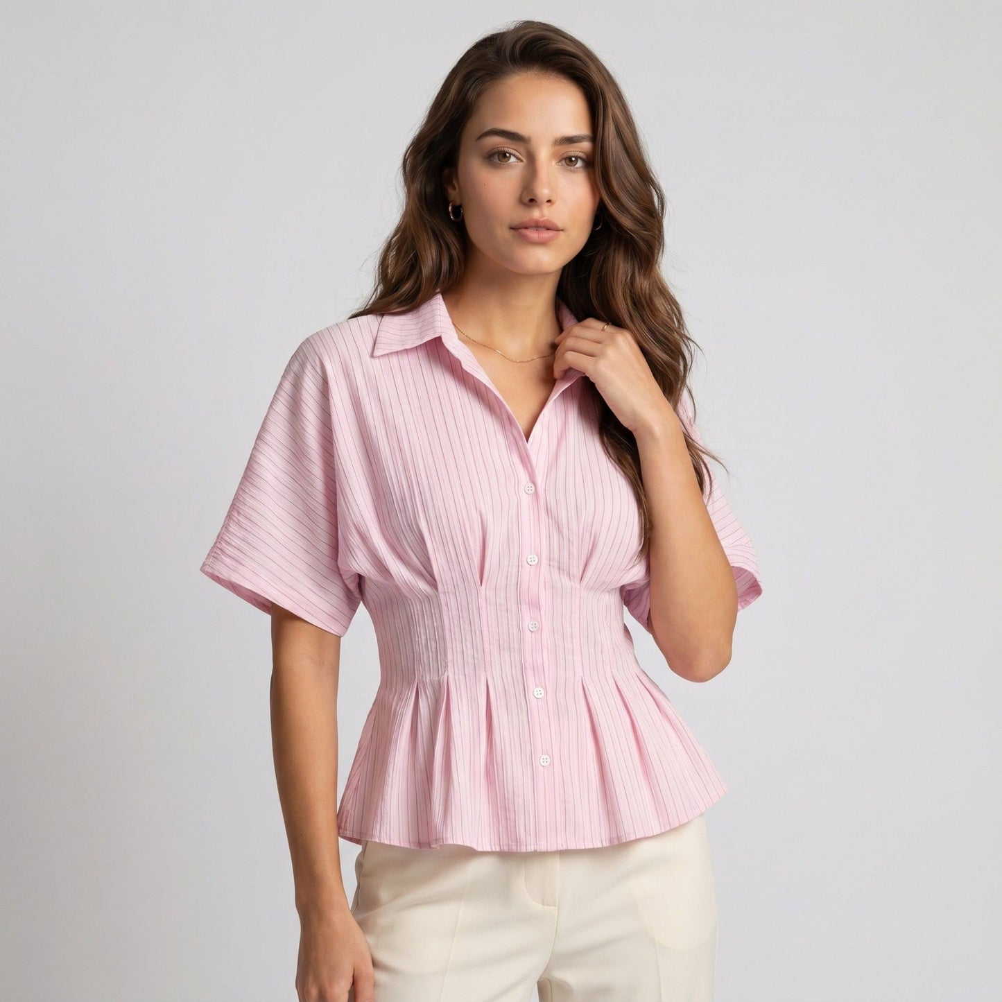 Striped Button Front Peplum Blouse with Collared Neck and Pleated Hem