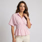 Striped Button Front Peplum Blouse with Collared Neck and Pleated Hem