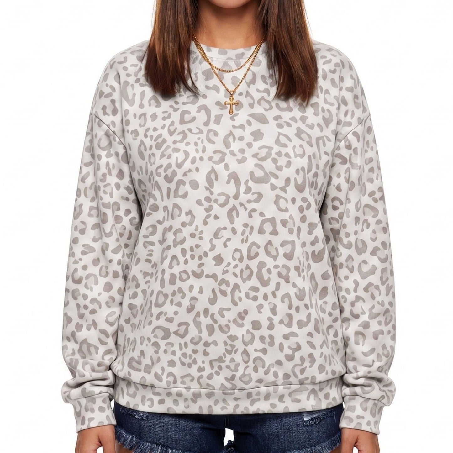 Leopard Print Crew Neck Long Sleeve Pullover Sweatshirt