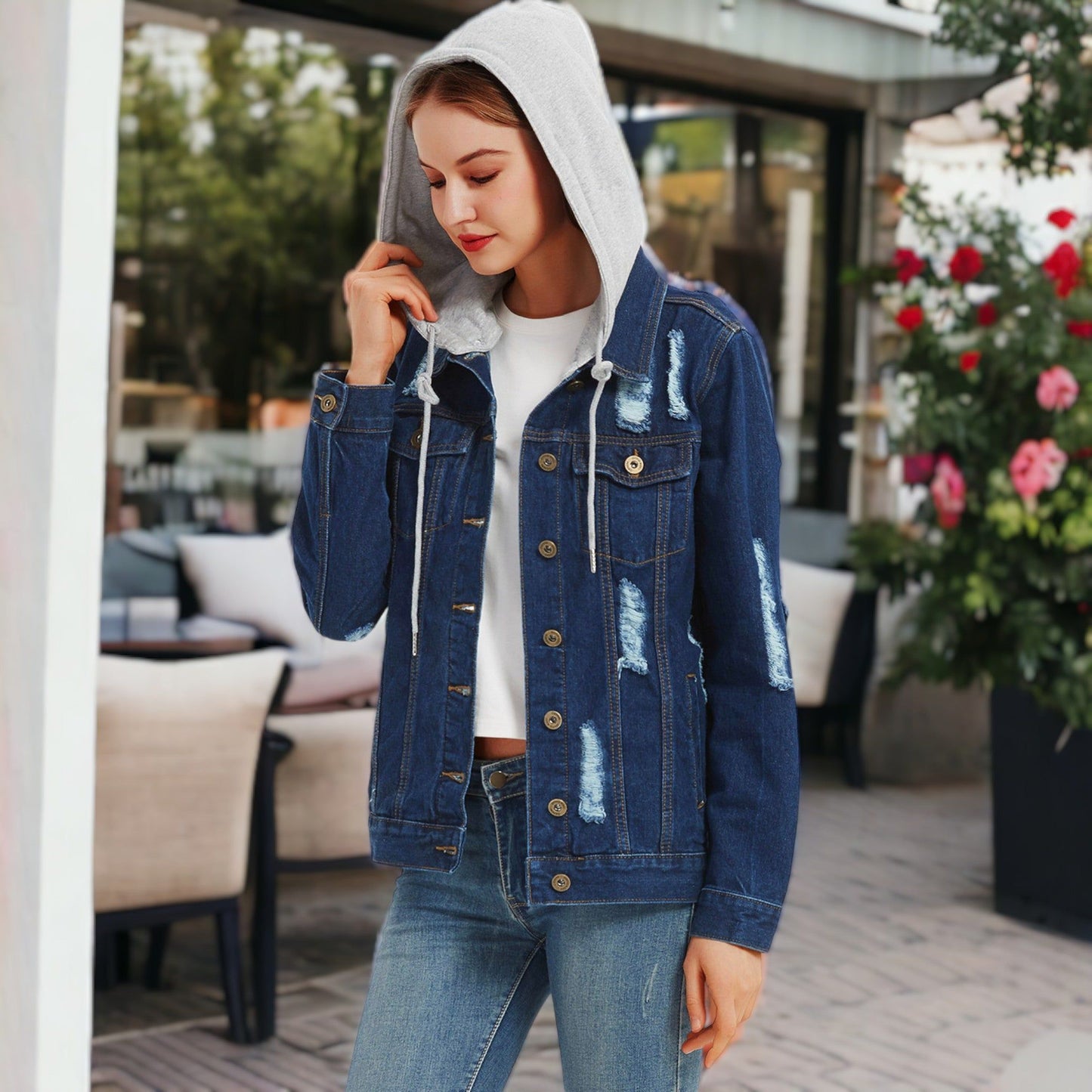 Detachable Hoodie Denim Distressed Jean Jacket