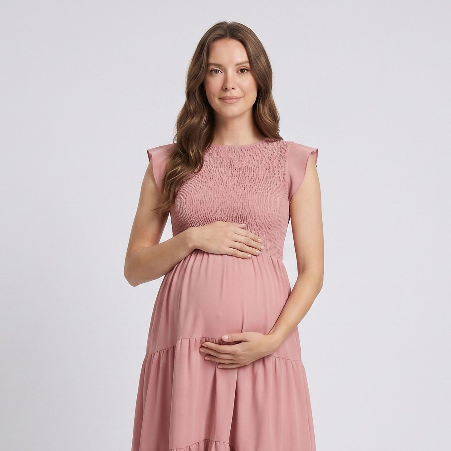 Maternity Smocked Tiered Midi Dress with Cap Sleeves and Round Neck