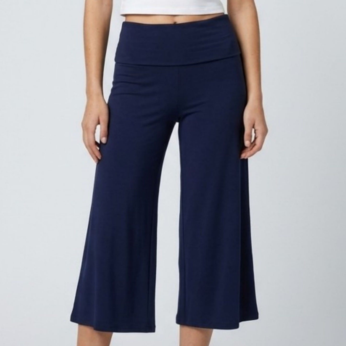 Foldover Waistband Cropped Wide-Leg Trousers