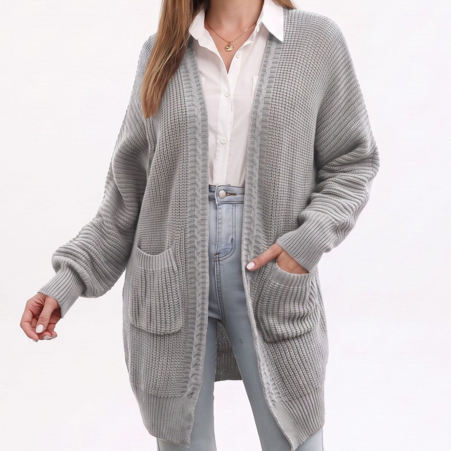 Long Open Front Knit Cardigan with Pockets