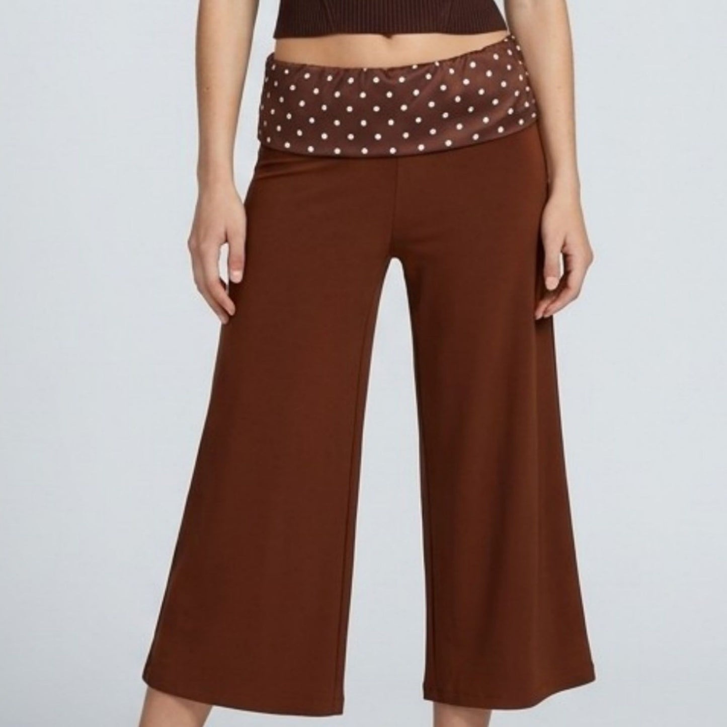 Polka Dot Contrast Waistband Cropped Wide-Leg Trousers