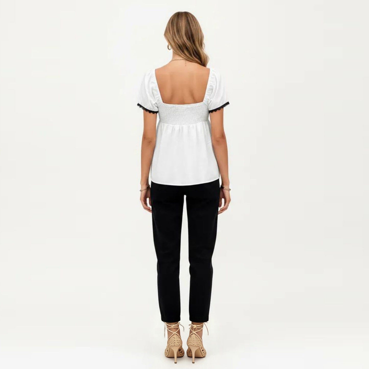 French Style Lace Trim Puff Sleeve Empire Waist Blouse