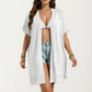 Open Front Knit Cardigan with Heart Pointelle Pattern Short Sleeves Relaxed Mid Length Fit