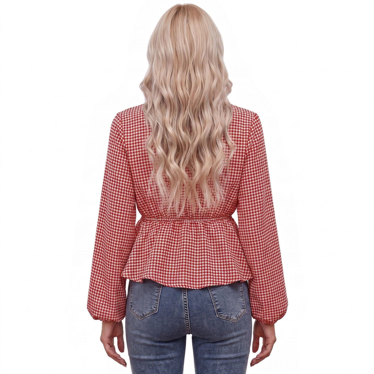 Houndstooth Peplum Blouse V Neck Long Sleeve Top