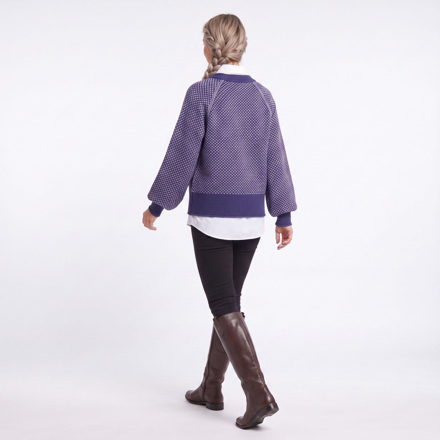 Patterned Crewneck Knit Sweater with Chain Accent