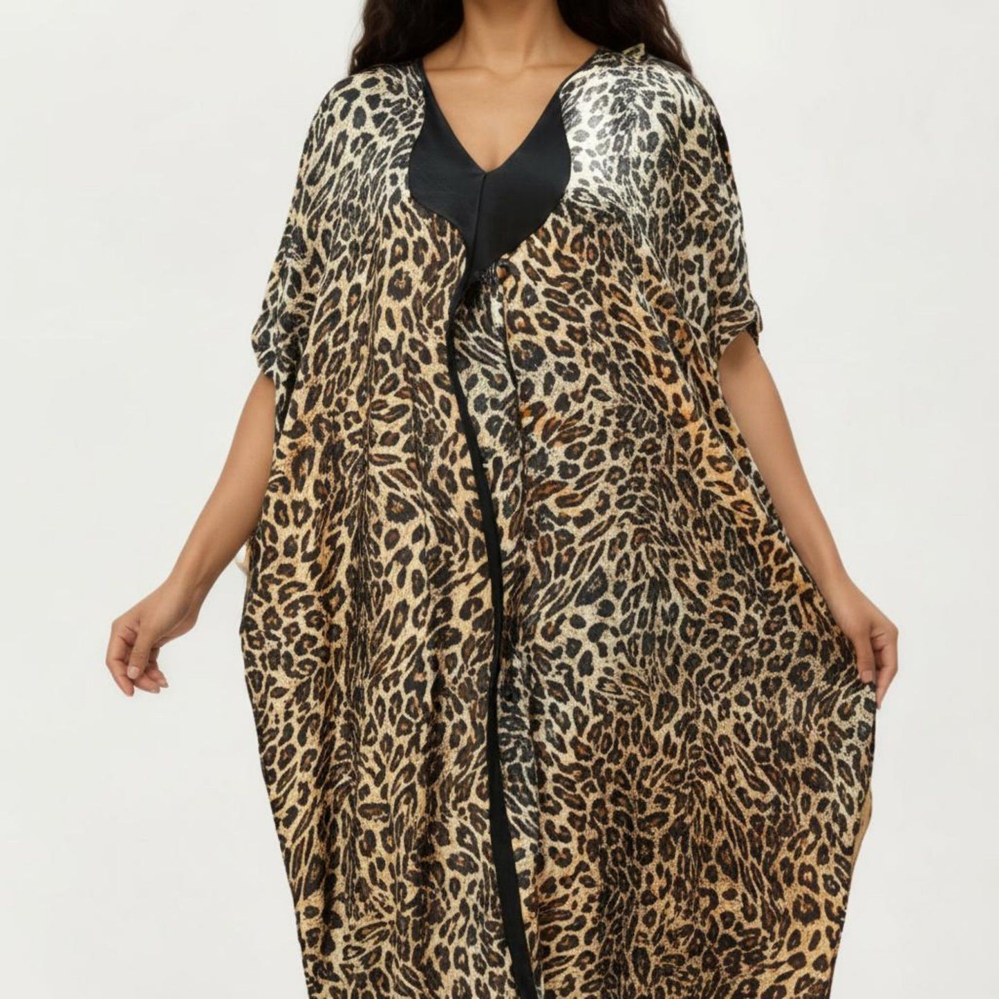 Abstract Print Maxi Kaftan Dress with Contrast Trim and Relaxed Flowy Silhouette