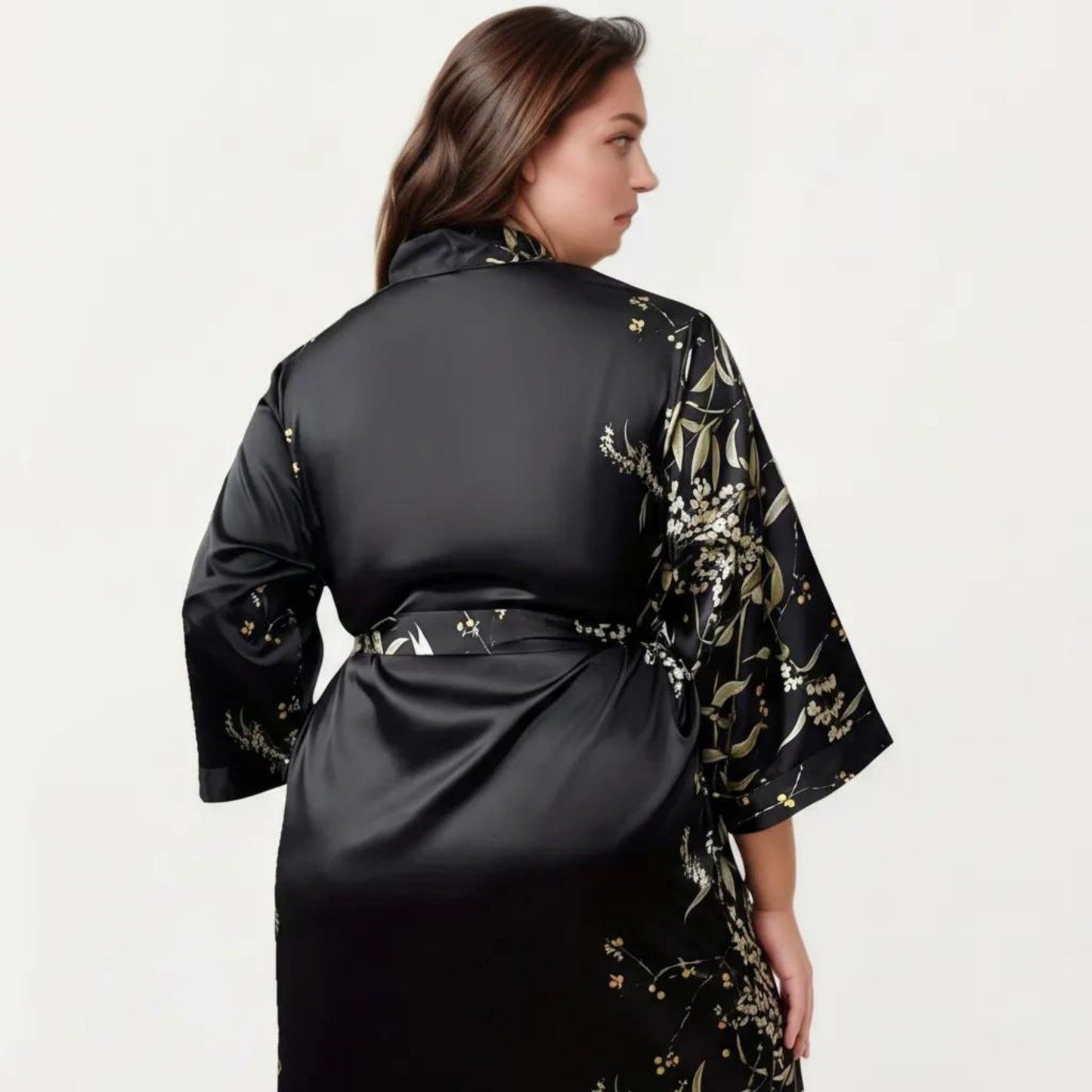 Plus Size Satin Floral Kimono Robe with Self Tie Belt Longline Open Front Lightweight Sleepwear