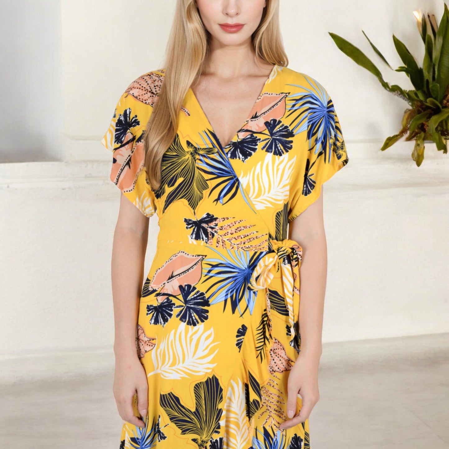 Tropical Print High-Low Wrap Dress with Flutter Sleeves