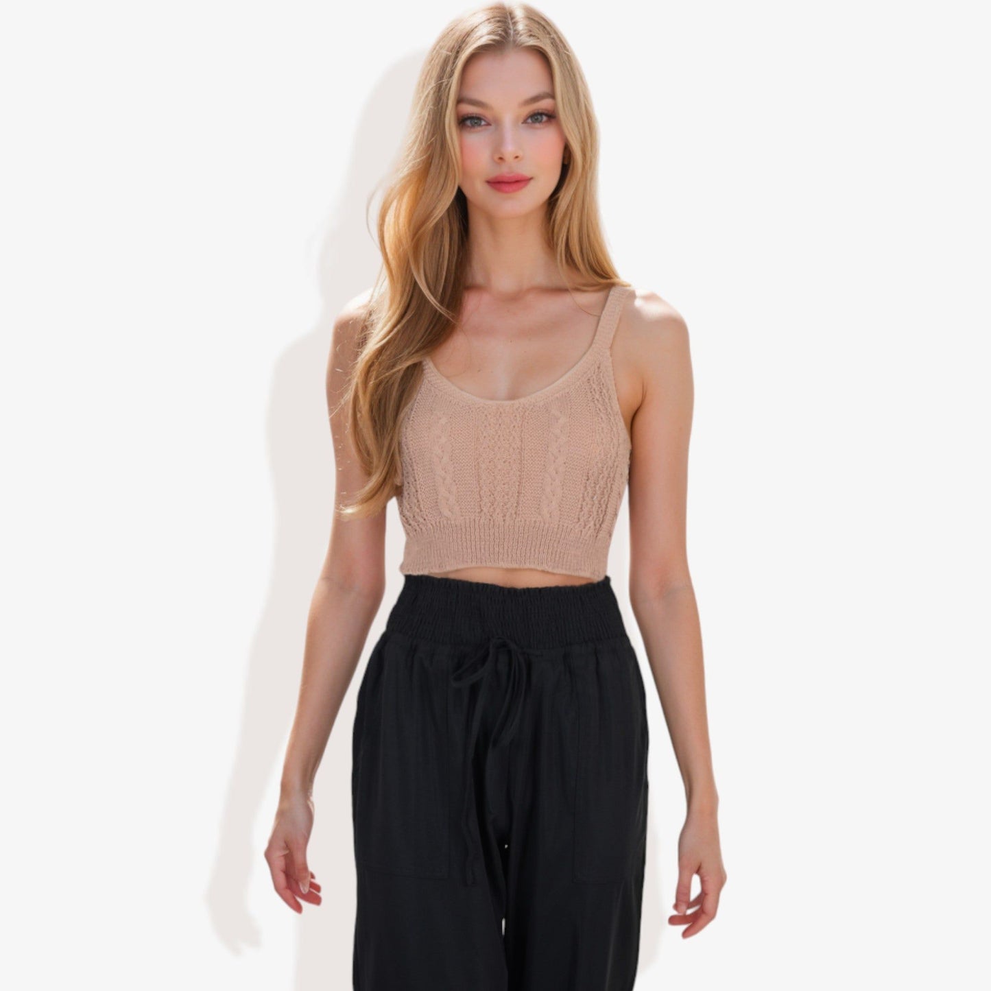 Knit Crop Top with Spaghetti Straps and Ribbed Hem