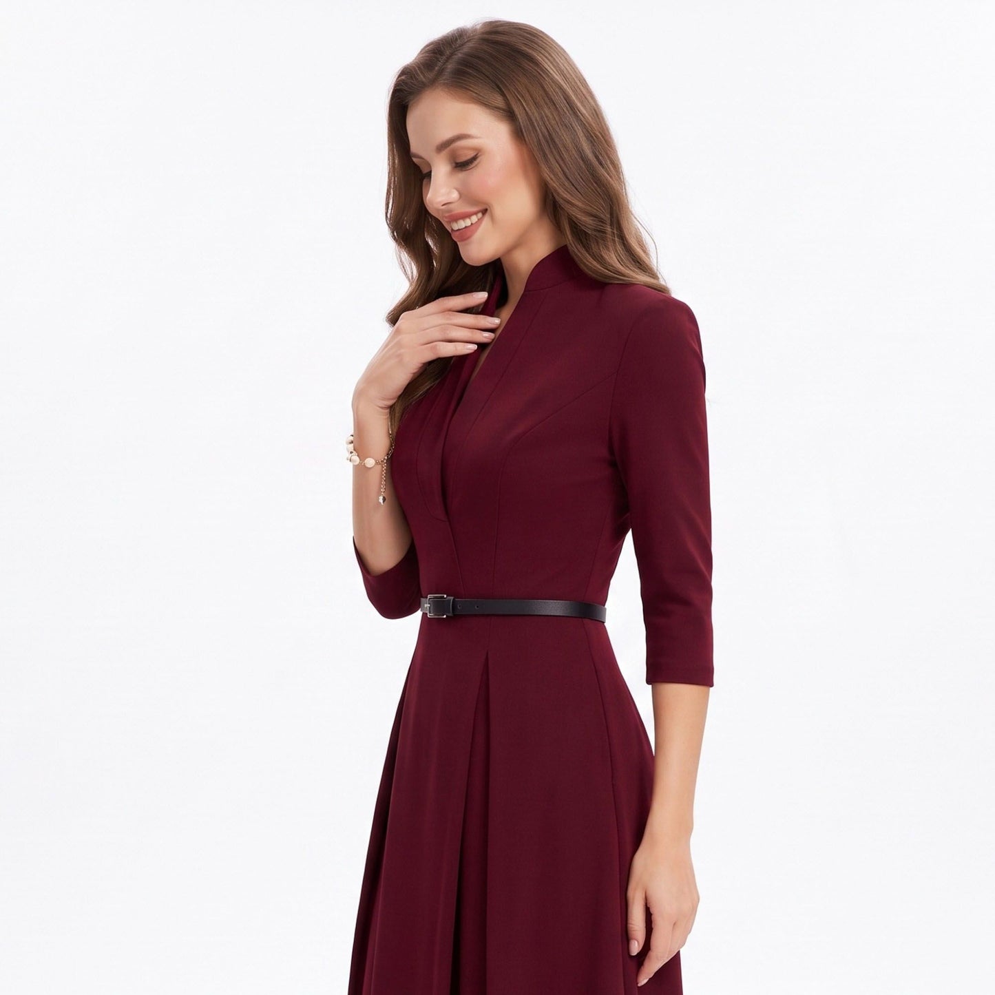 Three Quarter Sleeve Belted Midi Dress with Pleated A Line Skirt
