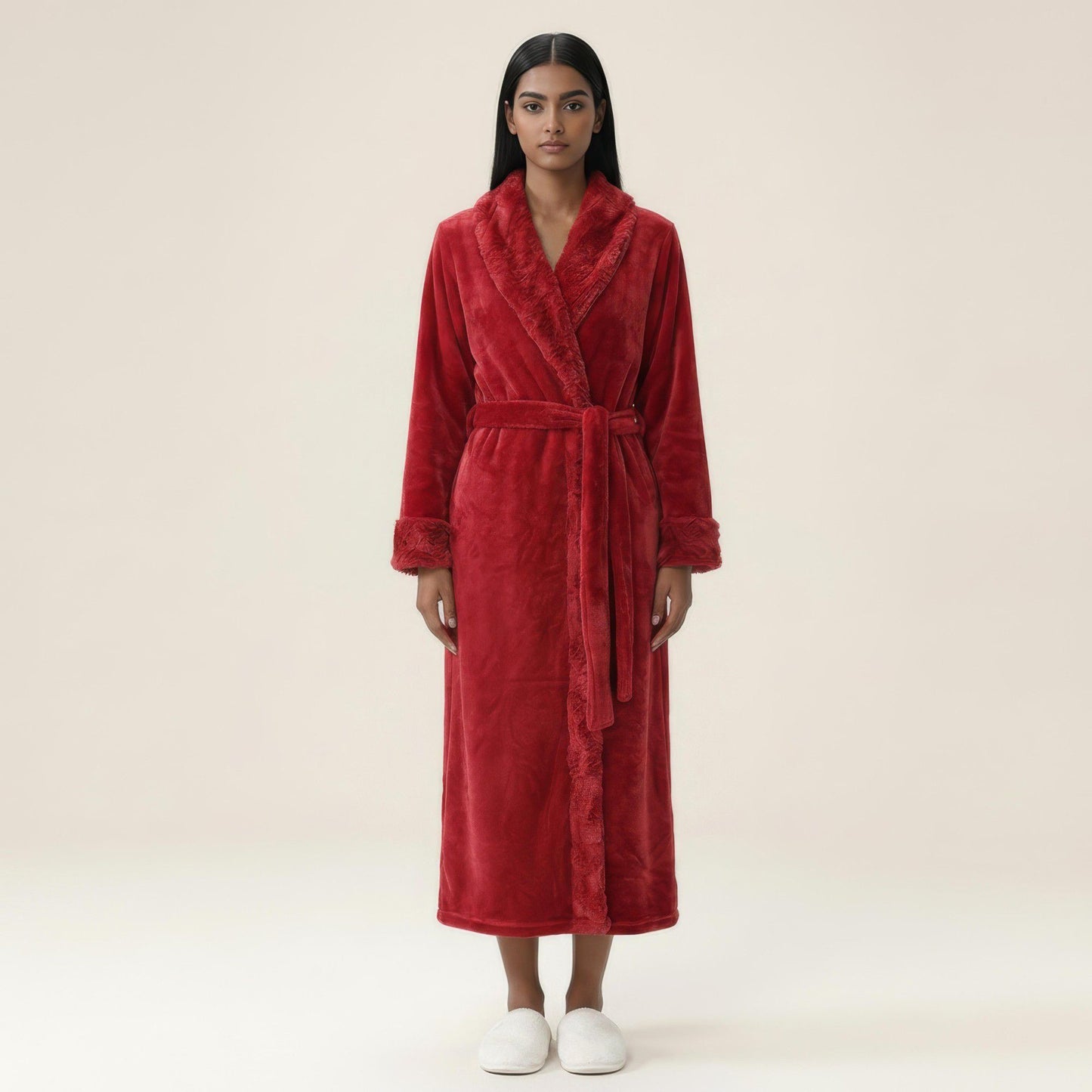 Plush Bathrobe with Shawl Collar, Self Tie Belt and Faux Shearling Trim
