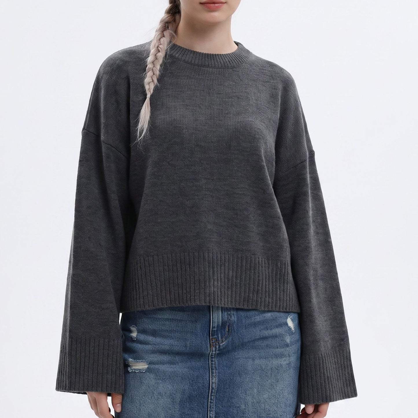 Oversized Crewneck Knit Sweater with Flared Sleeves
