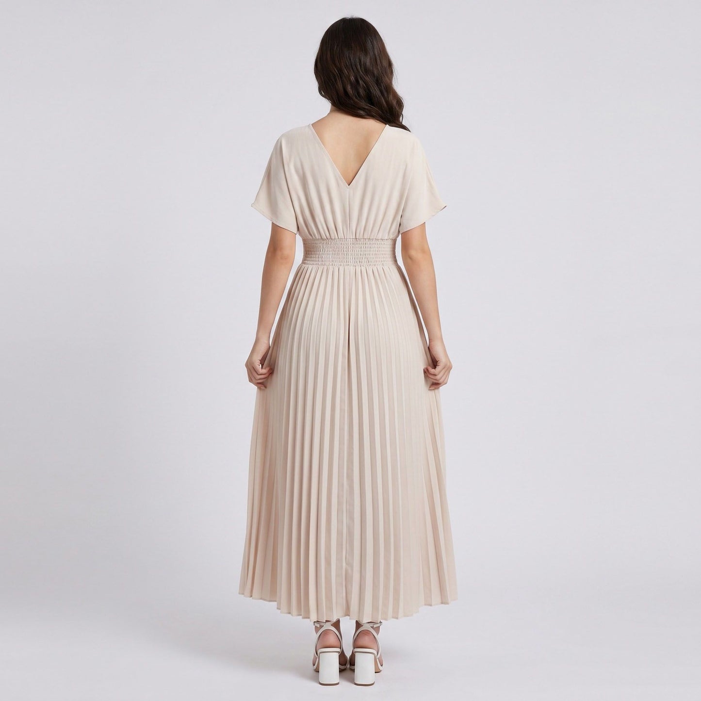 Pleated Maxi Dress with V-Neckline Short Flutter Sleeves Smocked Waist and Flowy A-Line Skirt