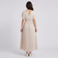 Pleated Maxi Dress with V-Neckline Short Flutter Sleeves Smocked Waist and Flowy A-Line Skirt