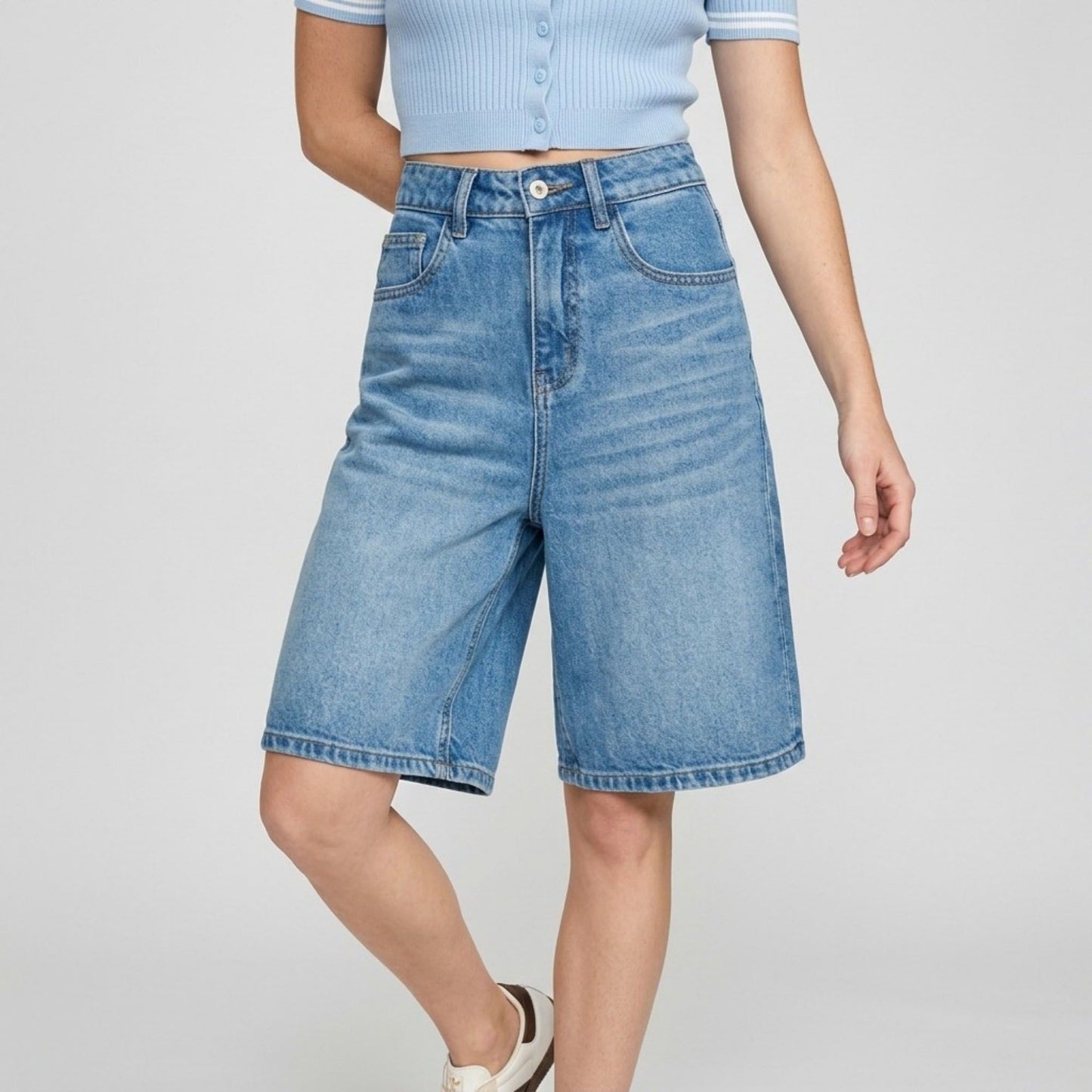 High-Waisted Denim Bermuda Shorts