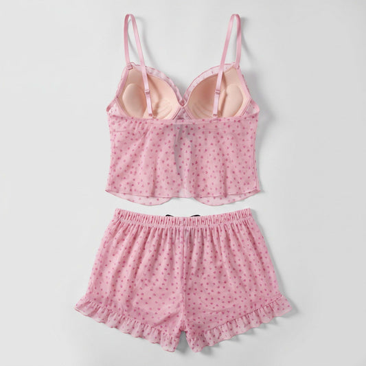 Heart Print Mesh Ruffle Cami and Shorts Lingerie Set
