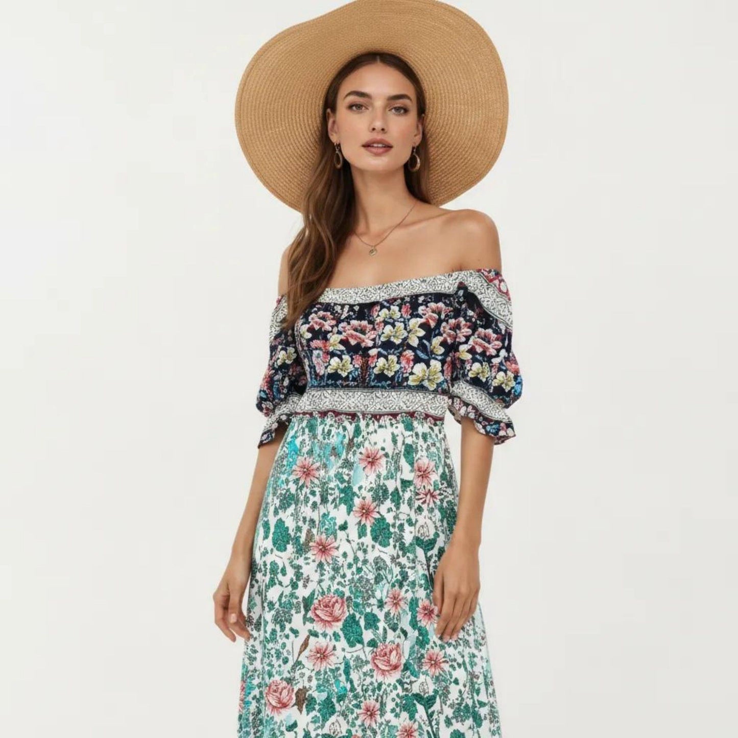 Puff Sleeve Maxi Dress with Mixed Floral Print and Border Hem