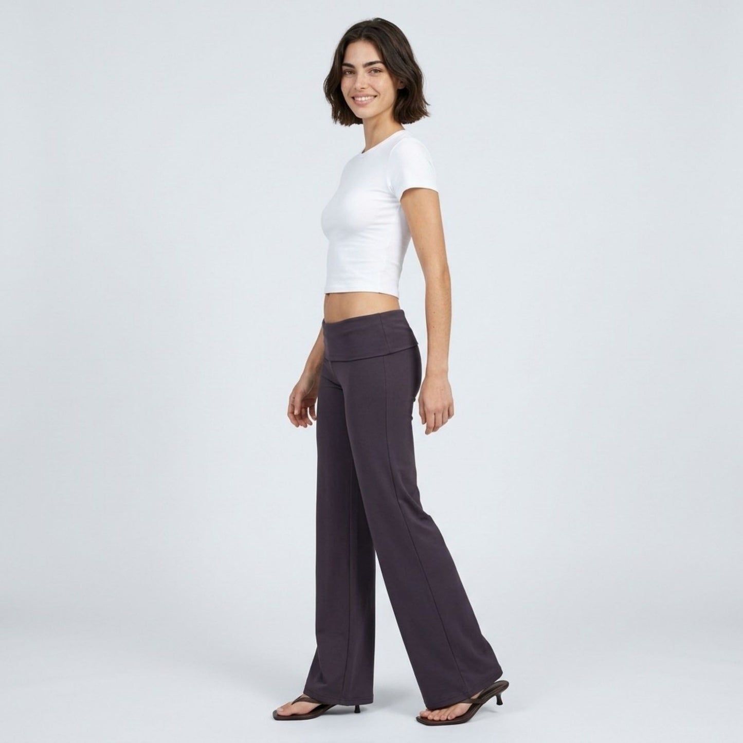 Foldover Waistband Full-Length Wide-Leg Trousers