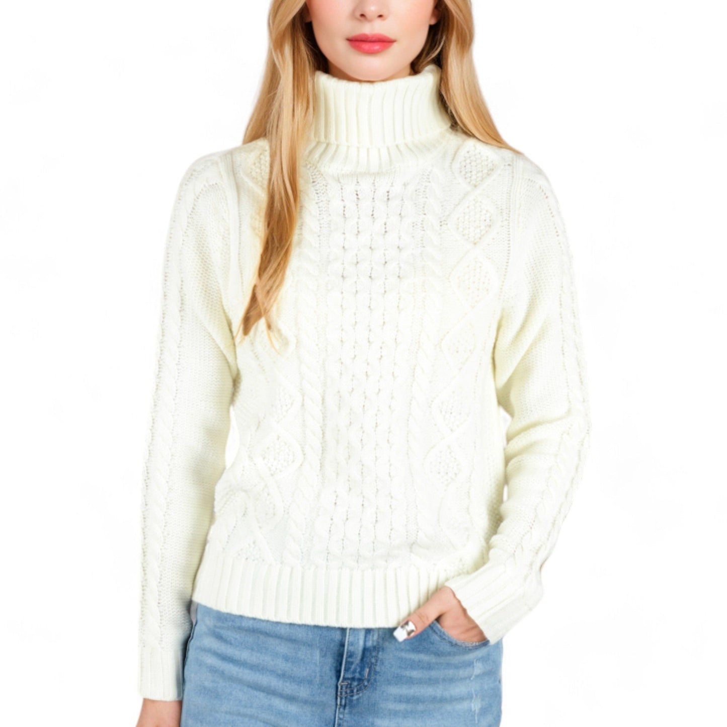 Long Sleeve Cable Knit Turtleneck Sweater