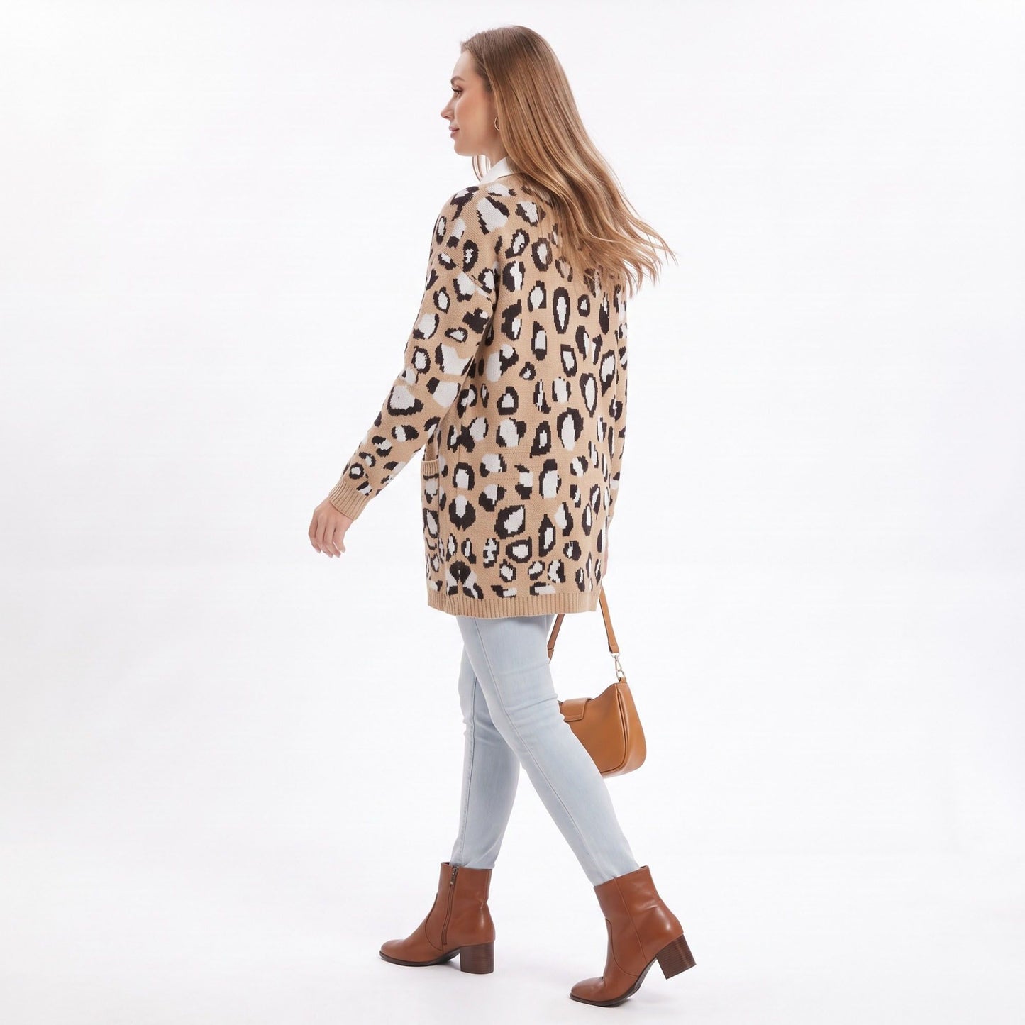 Animal Print Long Open Front Cardigan with Pockets