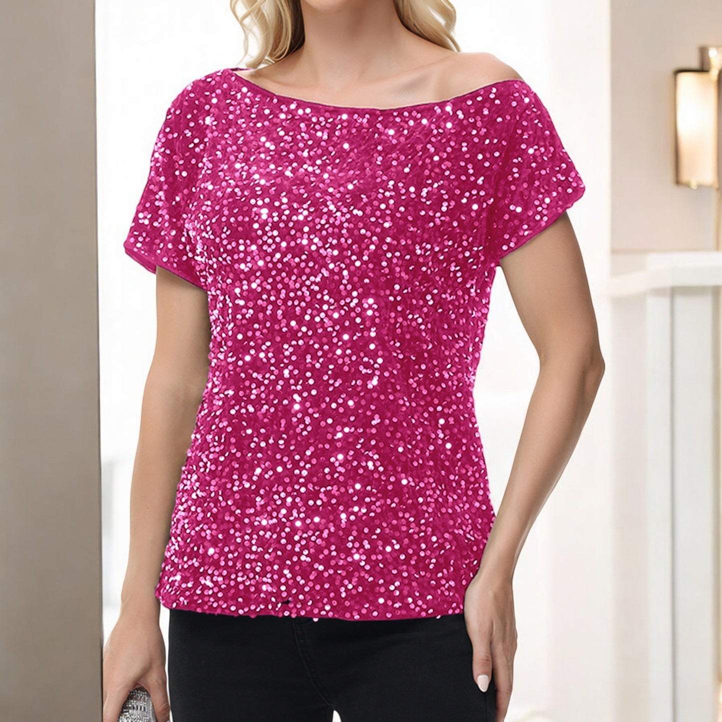 Off-Shoulder Sequin Short Sleeve Top with Relaxed Fit