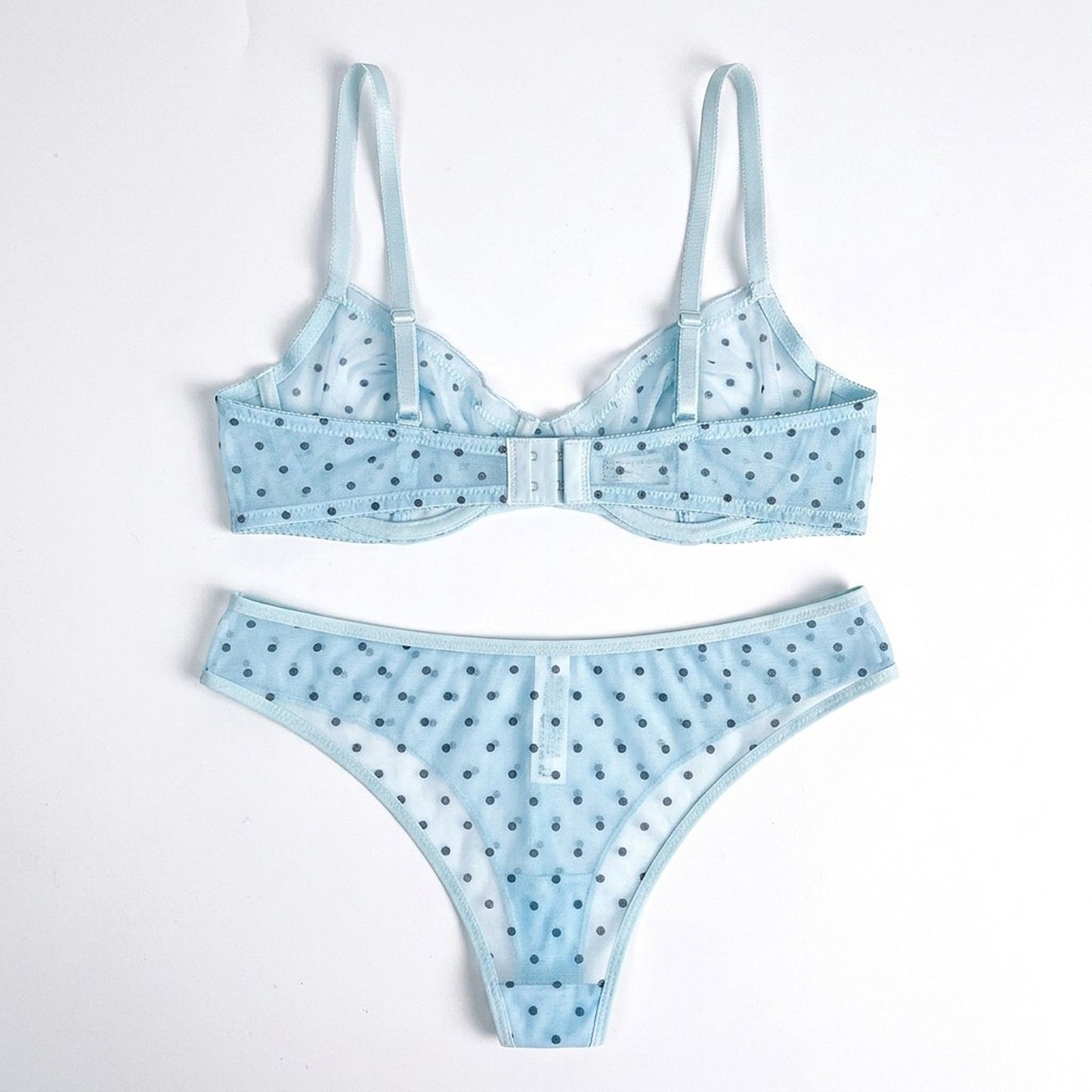 Polka Dot Sheer Mesh Underwire Bra and Panty Two Piece Lingerie Set