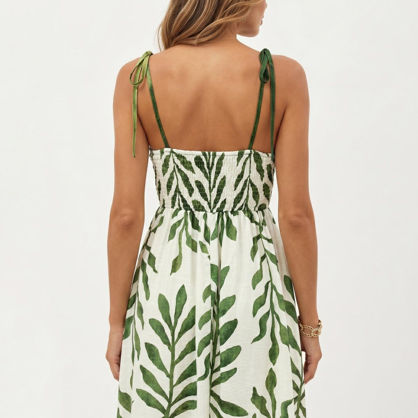 Sleeveless Midi Dress with Leaf Print Tie Shoulder Straps Smocked Back Flowy A-Line Silhouette