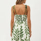 Sleeveless Midi Dress with Leaf Print Tie Shoulder Straps Smocked Back Flowy A-Line Silhouette