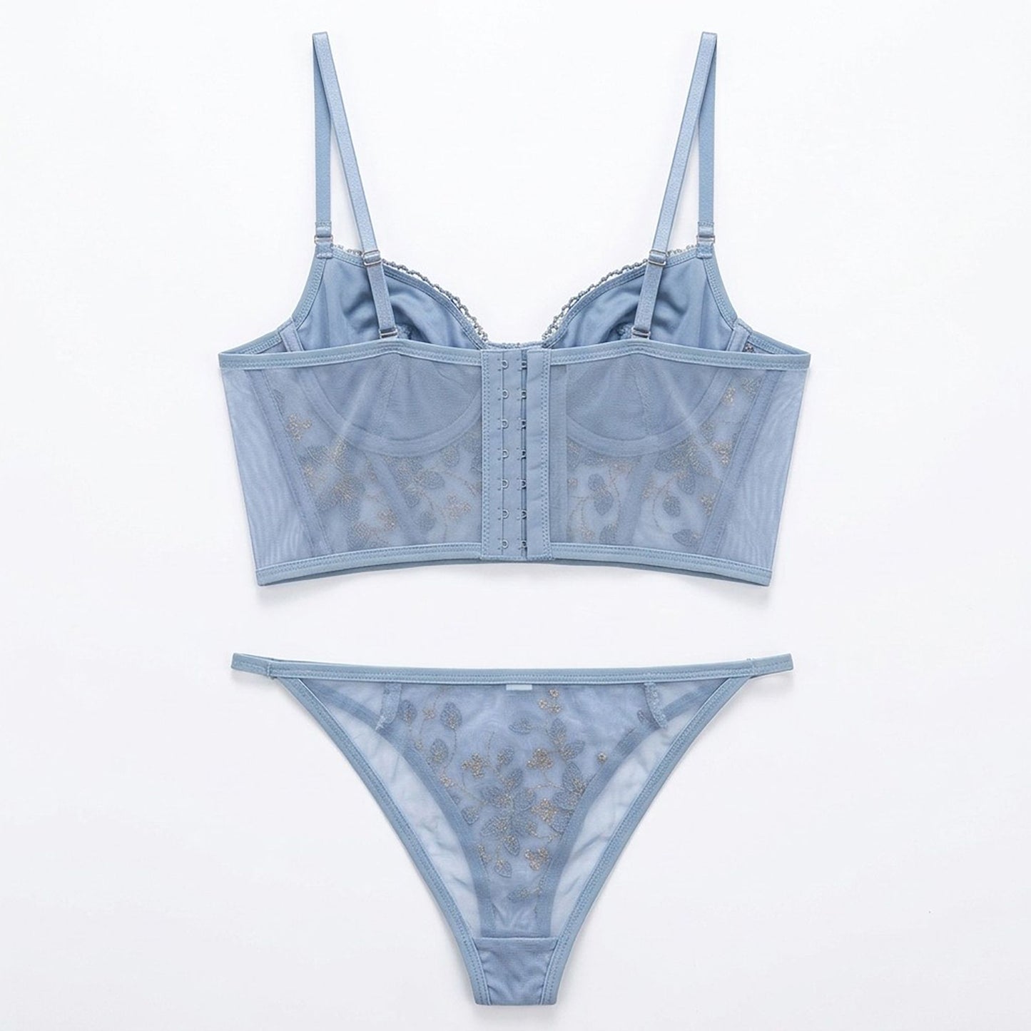 Floral Embroidered Bustier Corset Bra and Thong Two Piece Lingerie Set
