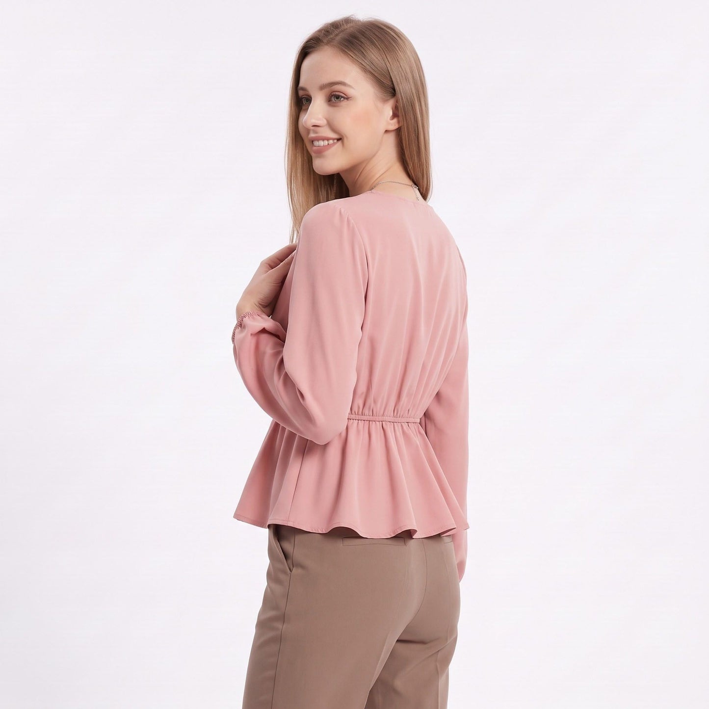 V Neck Long Sleeve Peplum Blouse Elastic Waist Casual Dressy Top