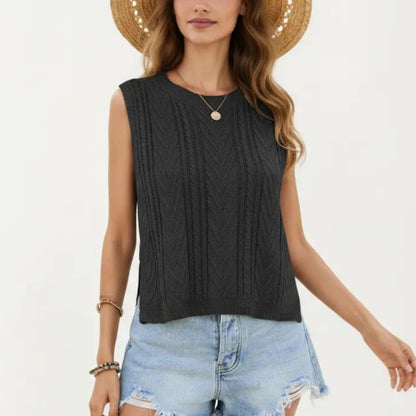 Sleeveless Cable Knit Top with Crew Neck and Ribbed Hem