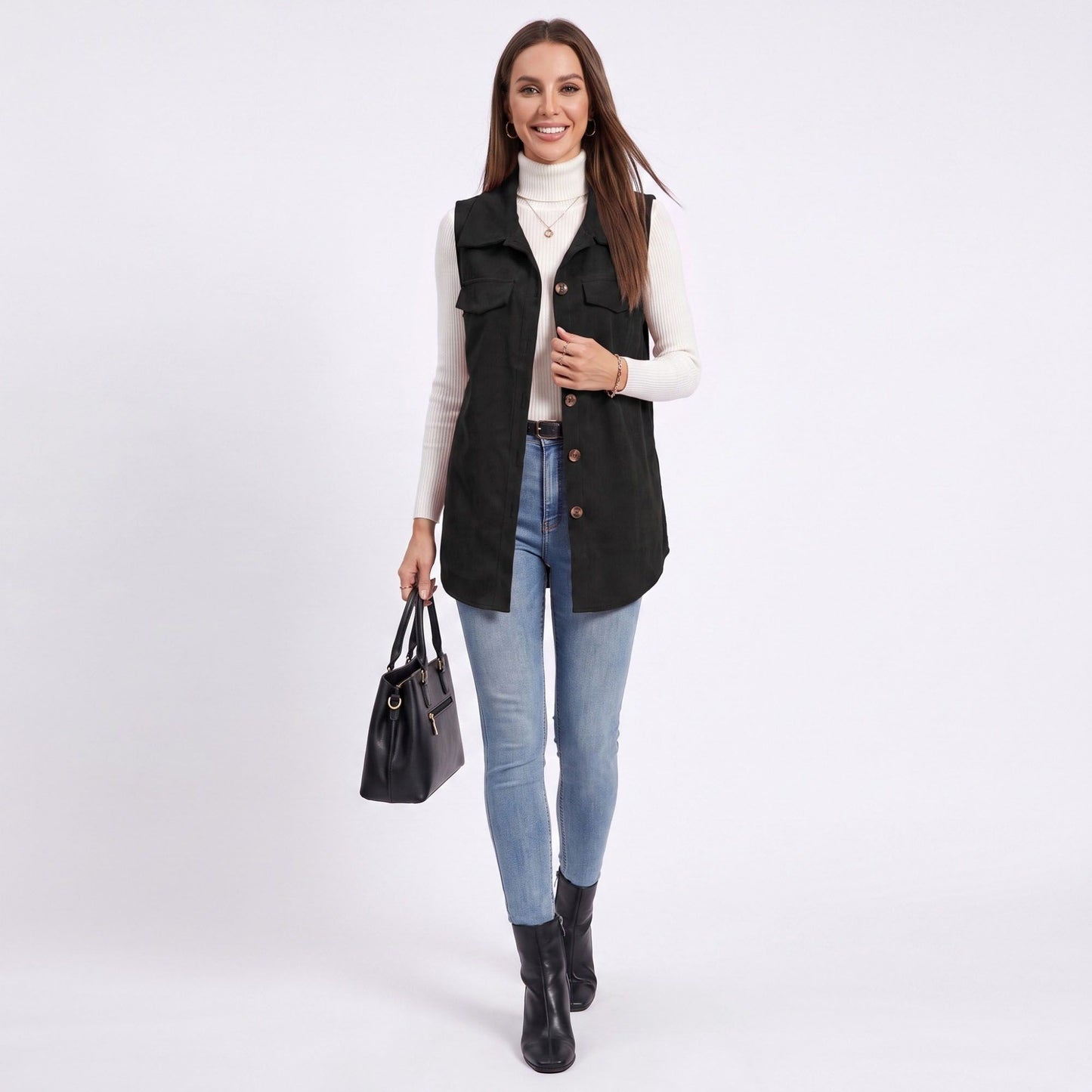 Button Front Corduroy Vest with Flap Pockets