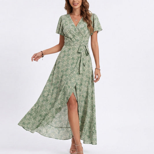 Floral Print Wrap Maxi Dress with V Neck Short Flutter Sleeves Tie Waist and Front Slit